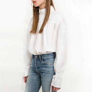 Plain Mock Neck Long Sleeve Blouse