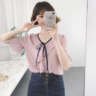Loose-fit Ruffle V-neck Short-sleeve Chiffon Top