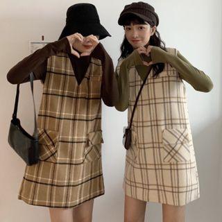 Turtleneck Long-sleeve T-shirt / Plaid Pinafore Dress