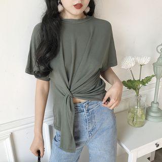 Plain Elbow Sleeve Knot Front T-shirt