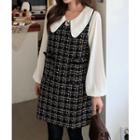 Set: Wide-collar Blouse + Sleeveless Tweed Minidress Black - One Size