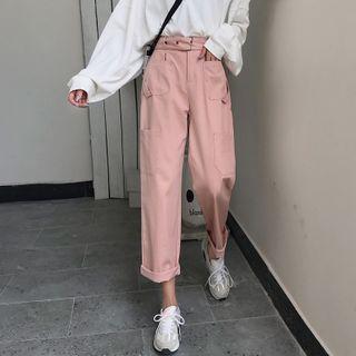 Plain High-waist Straight-cut Pants / Belt