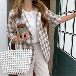 Notched-lapel Gingham Linen Blend Jacket