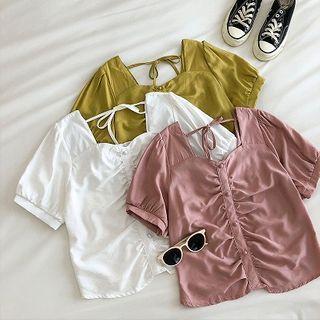 Plain Frilled Square-neck Puff-sleeve Blouse