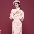 Long-sleeve Fluffy Trim Qipao Dress