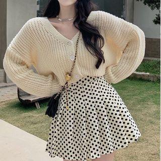 Chunky-knit Cardigan / Dotted Mini A-line Skirt