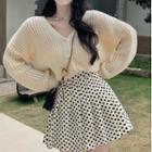 Chunky-knit Cardigan / Dotted Mini A-line Skirt