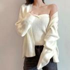 Set: Ribbed Knit Tube Top + Cardigan Almond - One Size