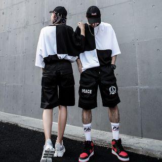 Elbow-sleeve Two-tone T-shirt Black & White - One Size