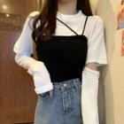 Set: Long-sleeve Round Neck Cropped T-shirt + Camisole Top