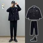 Corduroy Lettering Loose-fit Blazer / Long-sleeve Plain T-shirt / Plain Straight Leg Pants