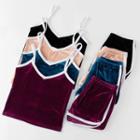 Set: Contrast Trim Velvet Camisole Top + Shorts