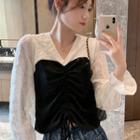 V-neck Two-tone Panel Cropped Blouse