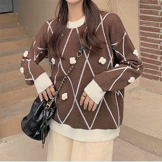 Argyle Flower Detail Sweater Coffee - One Size