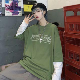 Long-sleeve Panel Lettering Top Green & White - One Size