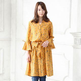 3/4-sleeve Floral Ruffled Dress