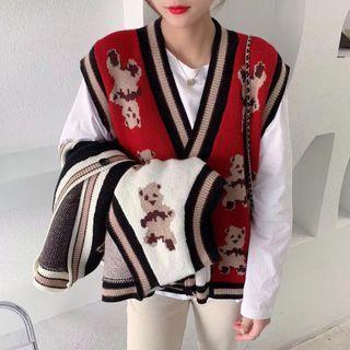 Bear Print Single-breasted Sweater Vest