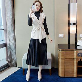 Set: Mock Neck Knit Top + Midi Skirt + Vest
