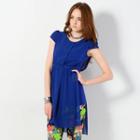 Cap-sleeve Chiffon-panel Dress Blue - One Size