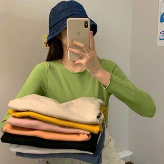 Long Sleeve Round Neck Plain Knit Top