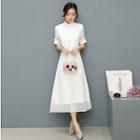Short-sleeve Mandarin Collar A-line Chiffon Dress