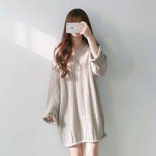 Plain V-neck Cable Knit Mini Dress
