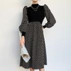 Long-sleeve Dot Print Midi Dress Dotted - Black - One Size