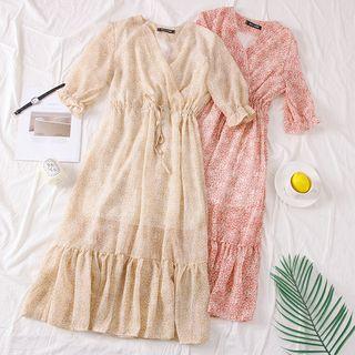 Drawstring-waist V-neck Floral A-line Dress