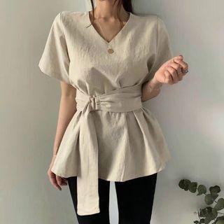 Plain Short-sleeve Tie Waist Top Almond - One Size