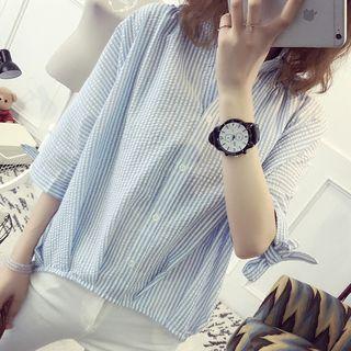 Striped Elbow Sleeve Band Collar Shirt
