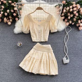 Set Of 2 : V-neck Chiffon Puff-sleeve Top + Skirt
