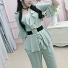 Set: Bell-sleeve Chiffon Top + Wide Leg Pants + Belt + Tube Top