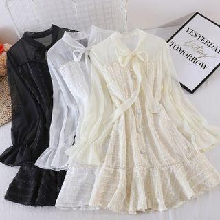 Flower Tweed Panel Chiffon Bow Mermaid Dress