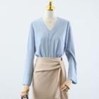 Long-sleeve V-neck Blouse / High Waist Mini Skirt