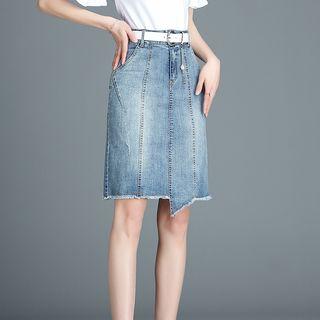 Asymmetric Frayed Hem A-line Denim Skirt