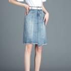 Asymmetric Frayed Hem A-line Denim Skirt