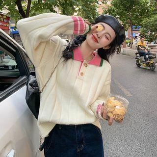 Polo-neck Contrast Trim Knit Sweater White - One Size