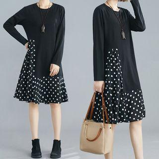 Long-sleeve Dotted Paneled A-line Dress Black - One Size