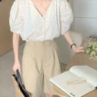 Short-sleeve Dot Print Button-up Blouse