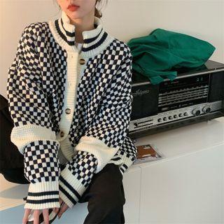 Checkerboard Turtleneck Cardigan Black & White - One Size