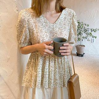 V-neck Tie-back Floral Peplum Blouse