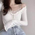 Mock Two-piece Long-sleeve Button-up Crop Top