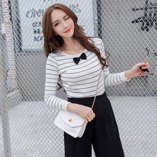 Long-sleeve Striped Bow-accent Knit Top