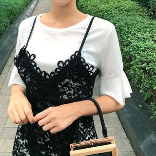 Set: Sleeveless Lace Dress + Frill-sleeve T-shirt