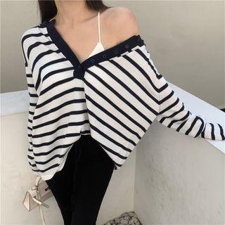 Striped Button-up Oversized Tee / Plain Boot-cut Pants
