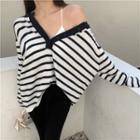 Striped Button-up Oversized Tee / Plain Boot-cut Pants