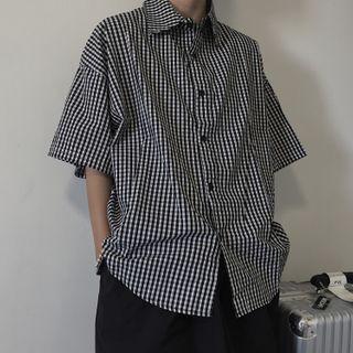 Couple Matching Short Sleeve Gingham Shirt Black & White - One Size