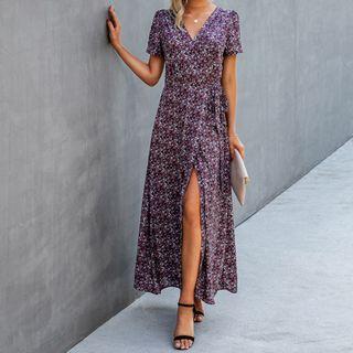Short-sleeve Print V-neck Slit Midi A-line Dress