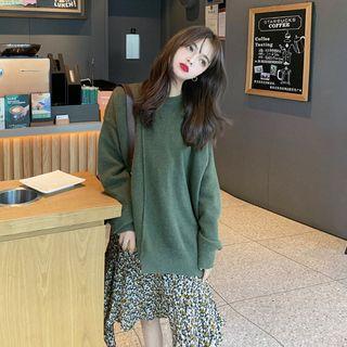 Oversize Sweater / Flower Print Long-sleeve Midi Dress