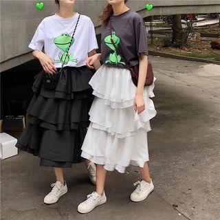 Short-sleeve Frog Print T-shirt / Midi Layered Skirt